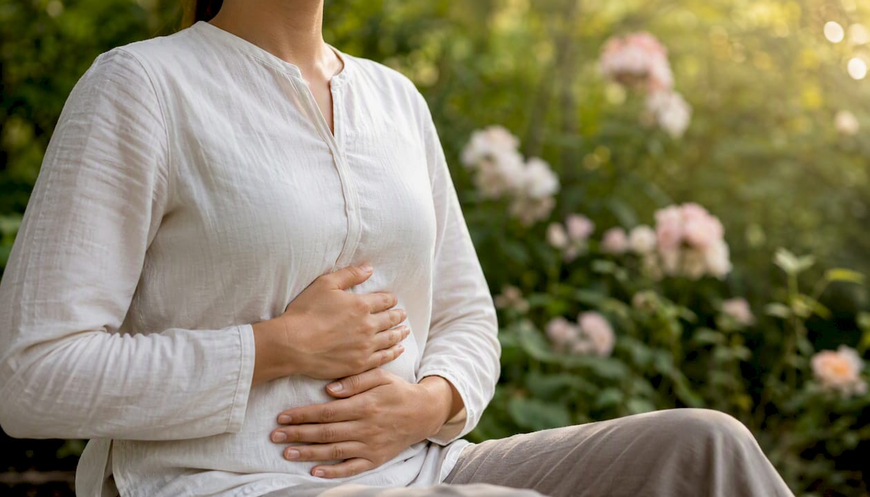 Person practicing deep breathing outdoors
