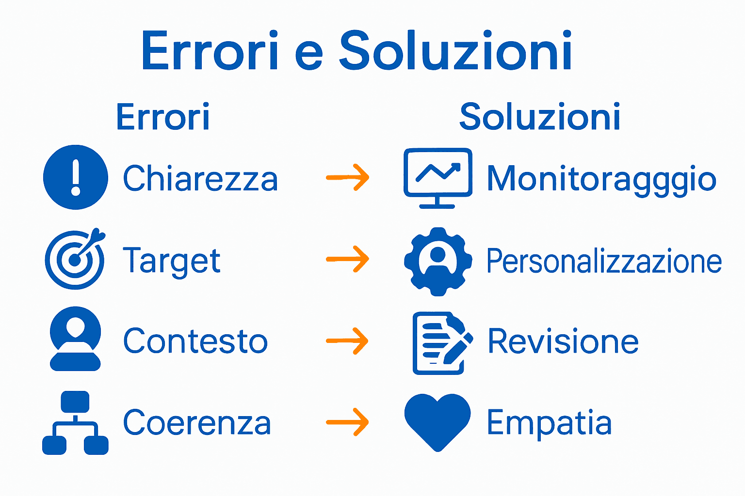 Infografica sui principali errori e soluzioni nella comunicazione sui media.