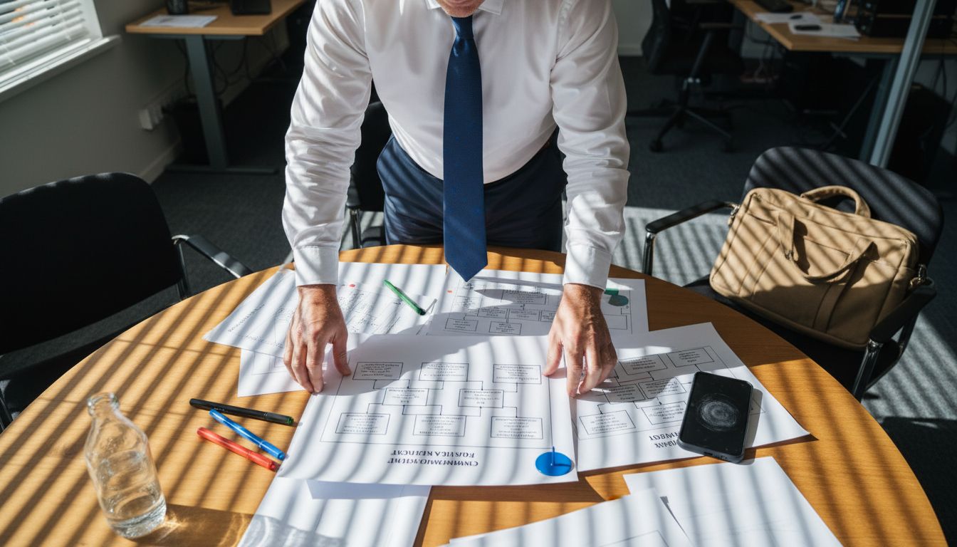 Hands organizing crisis charts on meeting table