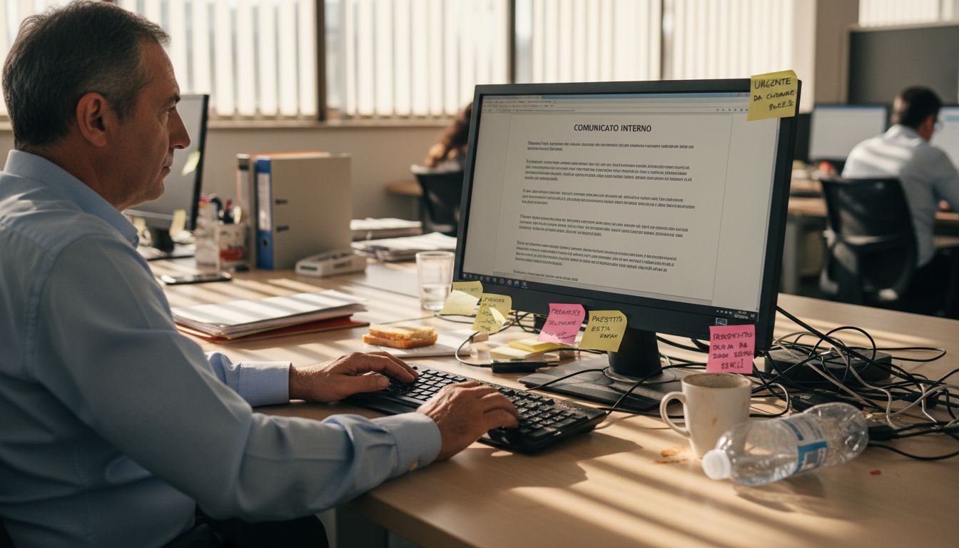 Dipendente che scrive un messaggio al computer condiviso