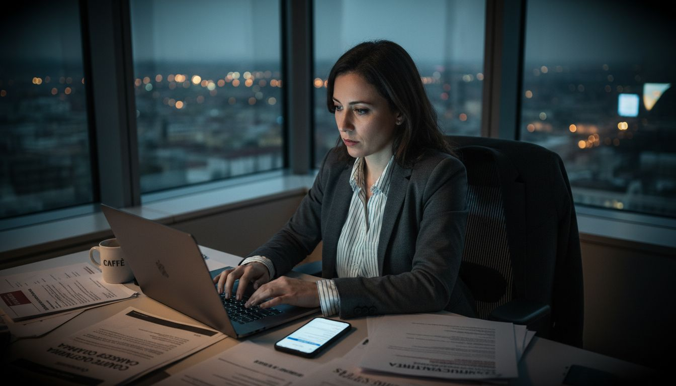 Responsabile della comunicazione alle prese con una crisi aziendale in ufficio fino a tarda notte.