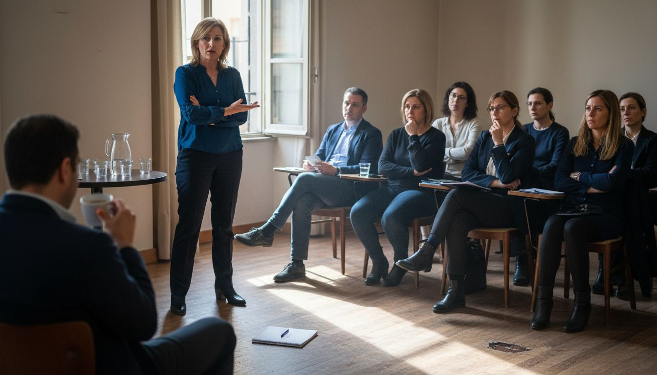 Relatore che mostra come si comunicano emozioni e informazioni attraverso gesti, espressioni del volto e postura, senza usare le parole.