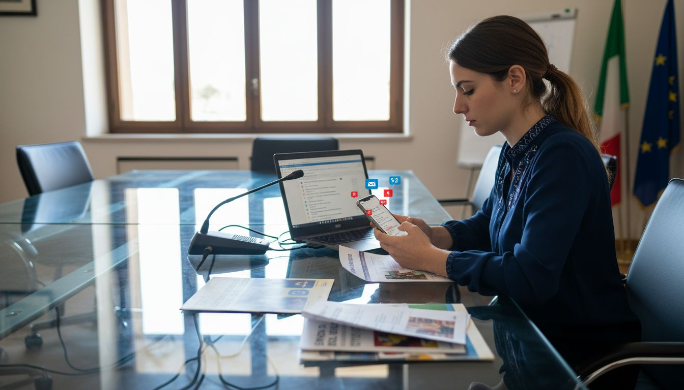 Una donna consulta il suo smartphone mentre sfoglia alcuni materiali cartacei.