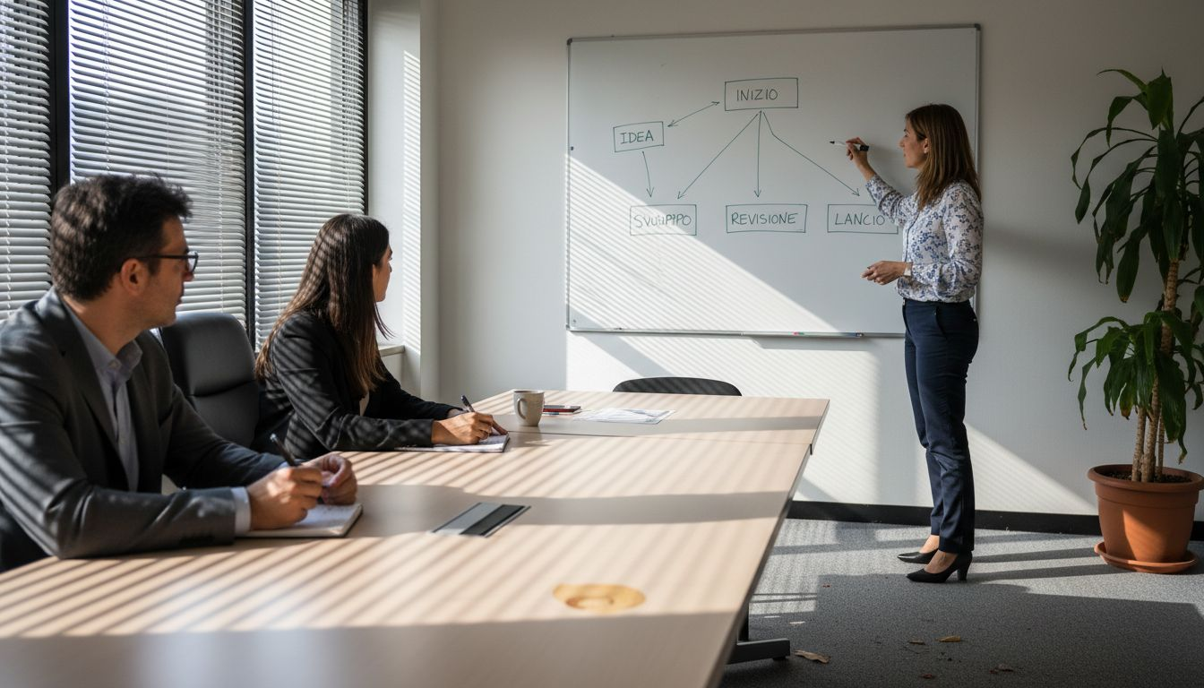 Il team si confronta sulla gestione del lavoro durante una riunione davanti alla lavagna.