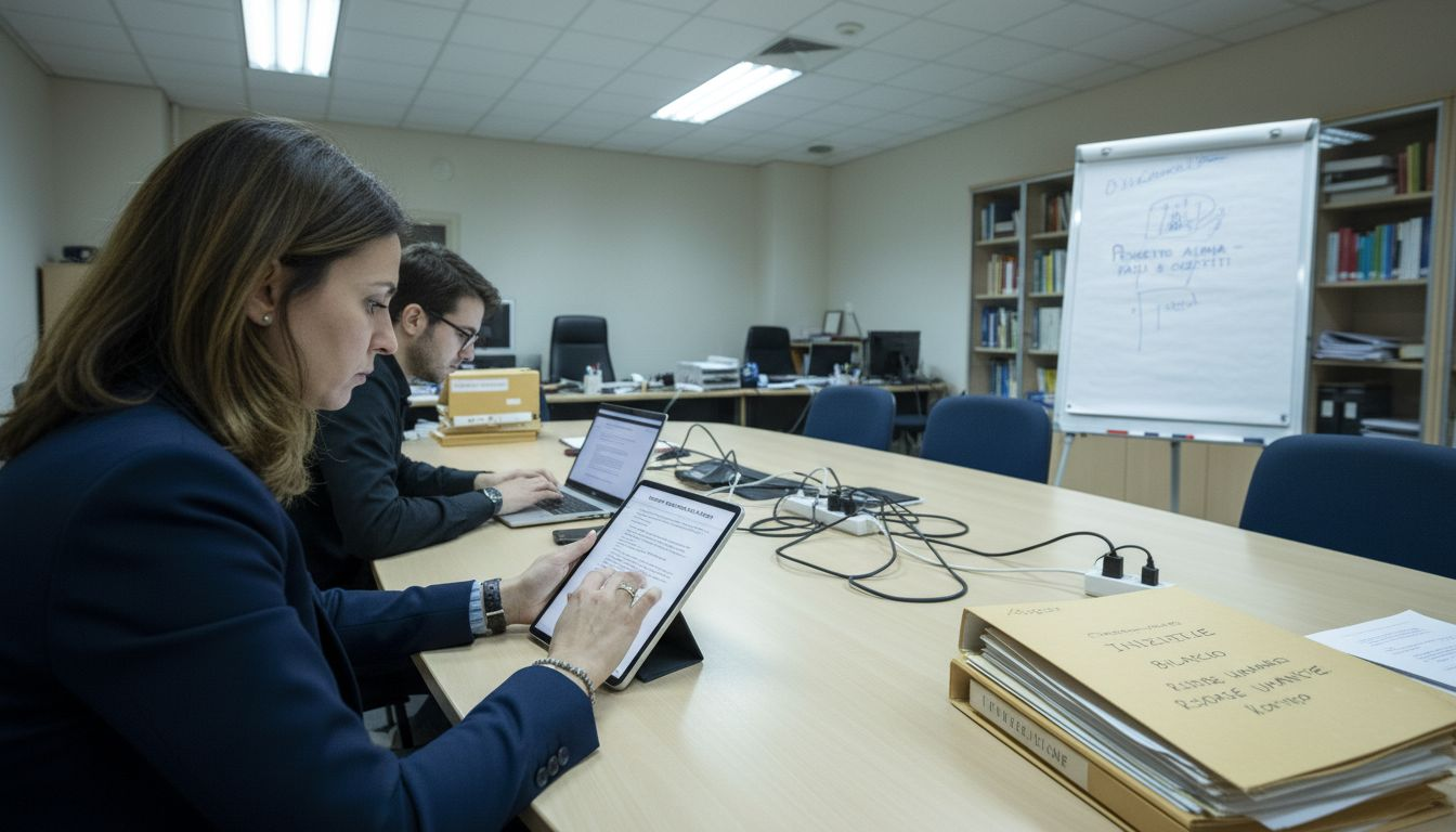 Un gruppo di lavoro in un ufficio pubblico che utilizza strumenti digitali per gestire le attività quotidiane e migliorare l’efficienza dei servizi.