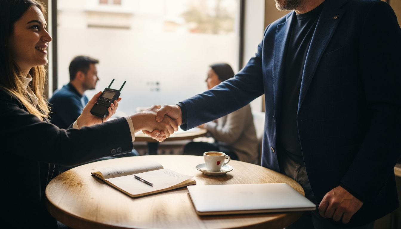 Due professionisti che consolidano la loro collaborazione nel settore dei media stringendosi la mano