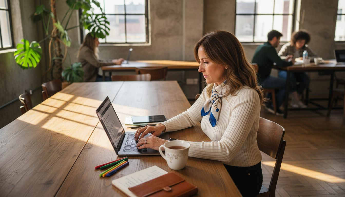 Una donna replica a un commento sui social mentre si trova in open space.