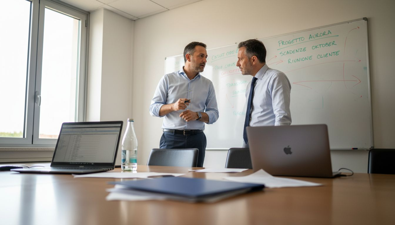 I manager si confrontano sugli obiettivi aziendali mentre lavorano insieme alla lavagna.
