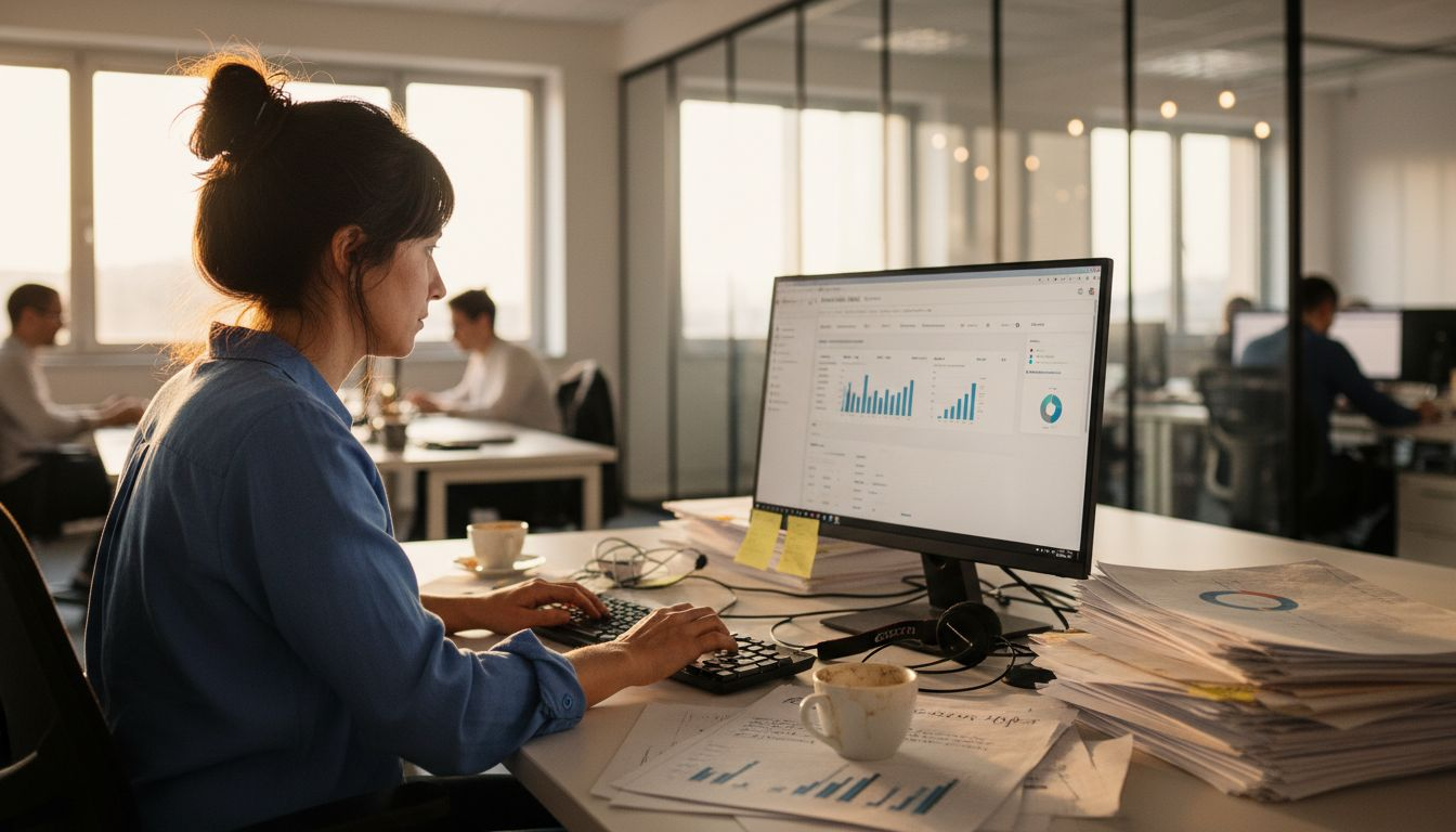 Un analista al lavoro in ufficio, impegnato a monitorare la reputazione aziendale.