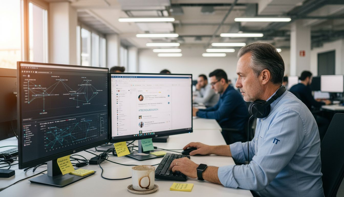 Un analista tiene sotto controllo la reputazione aziendale sfruttando strumenti tecnologici avanzati.