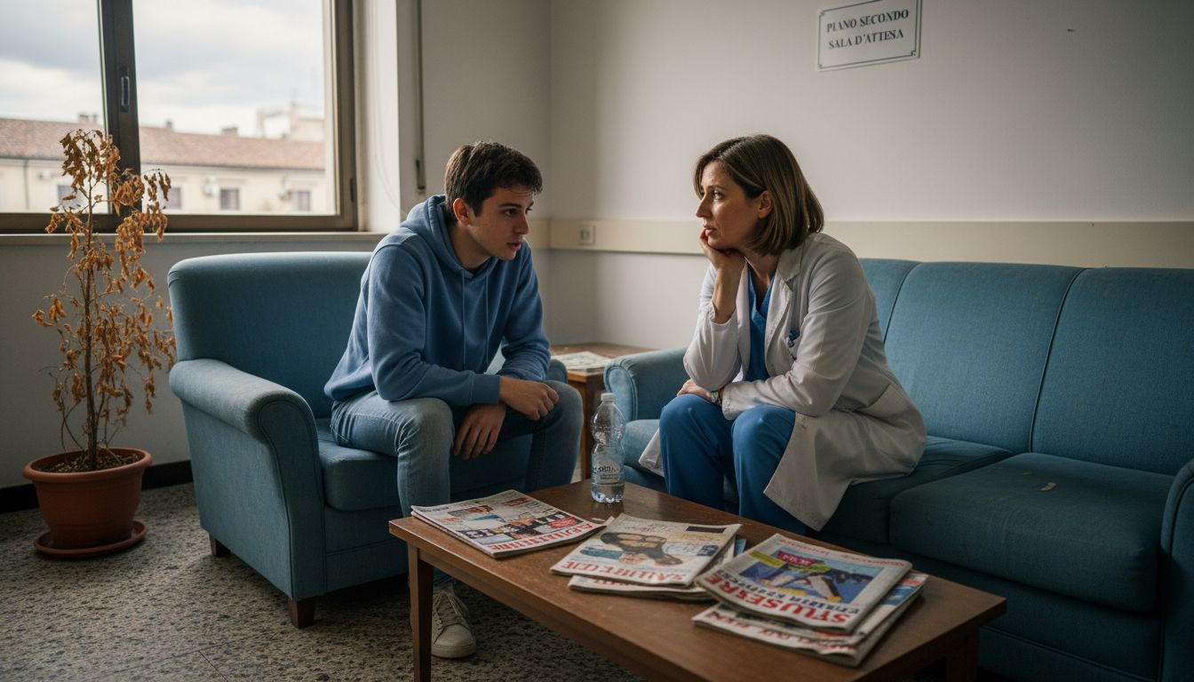 Il medico dedica attenzione e comprensione al giovane paziente, ascoltandolo con empatia.