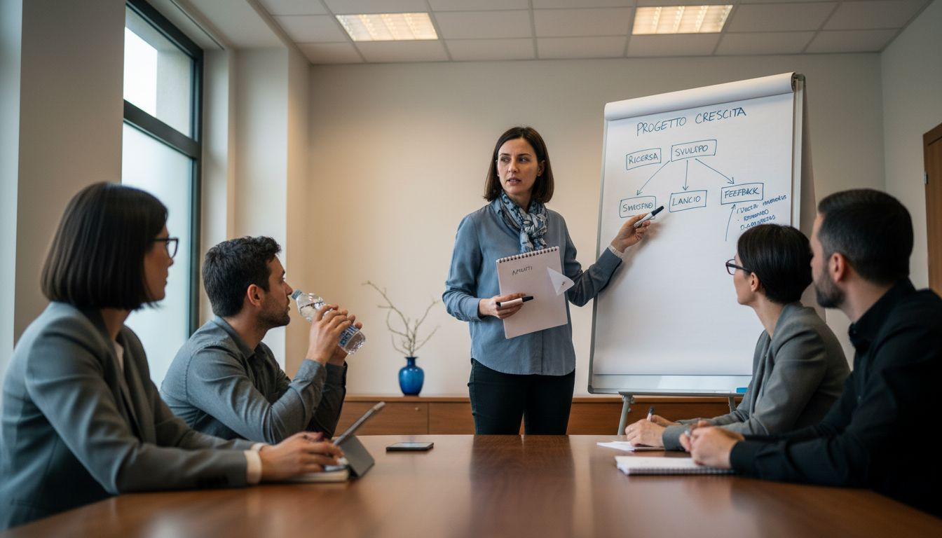 Il team si riunisce intorno alla lavagna per organizzare insieme le prossime attività.
