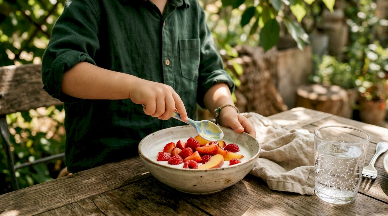 Taça de iogurte natural com fruta fresca por cima