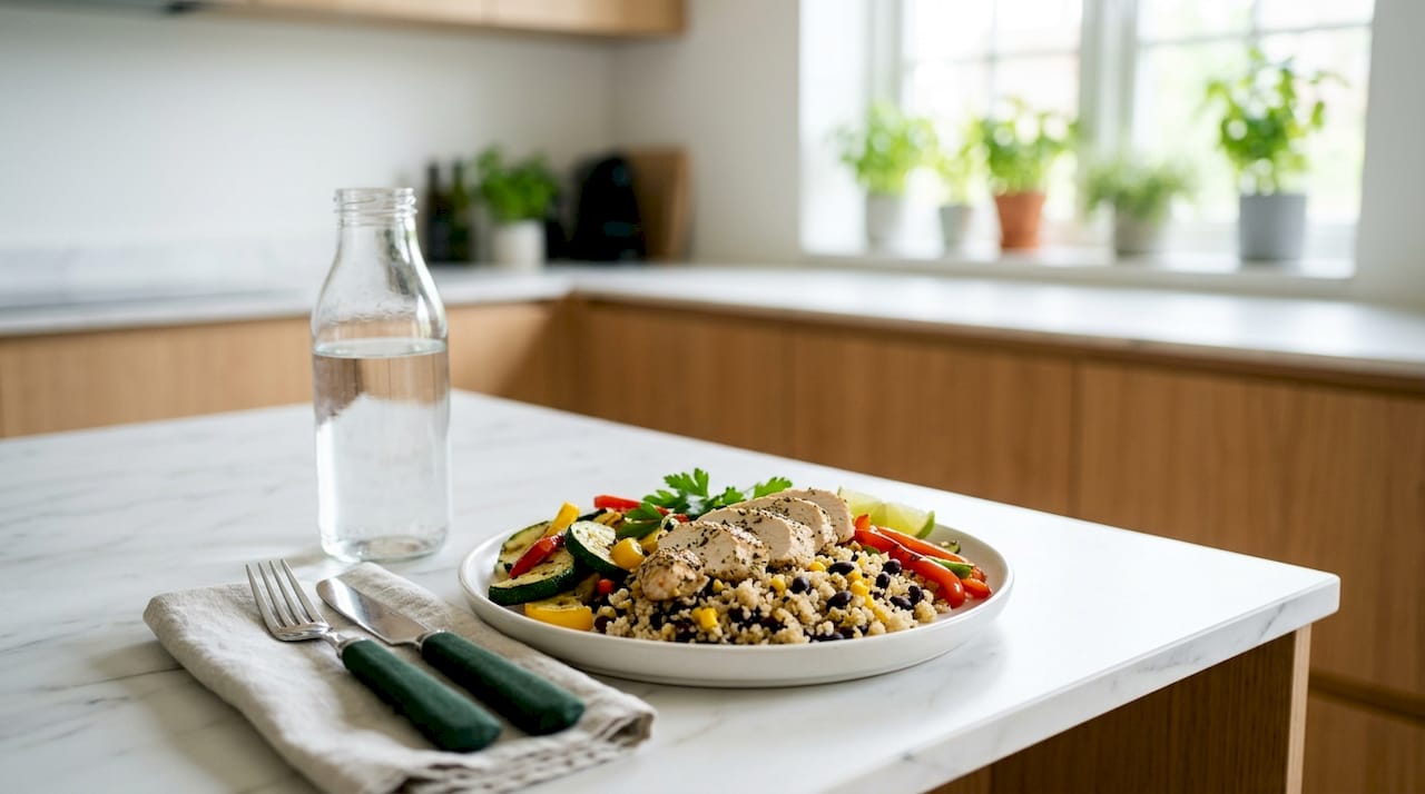 Prato equilibrado com arroz integral, peito de frango grelhado e uma seleção de legumes frescos.