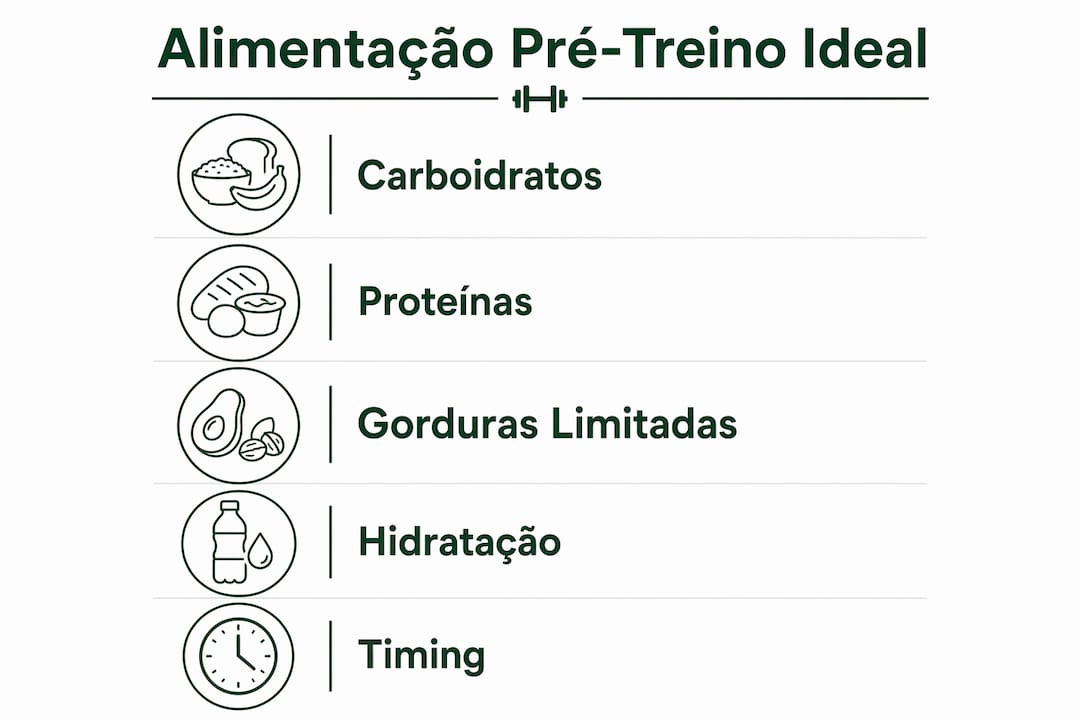 Infográfico com os passos fundamentais para uma alimentação adequada antes do treino