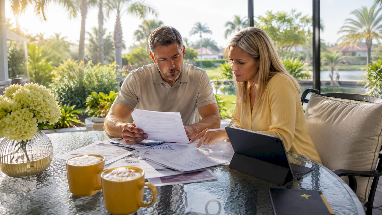 Couple organizing financial documents at home