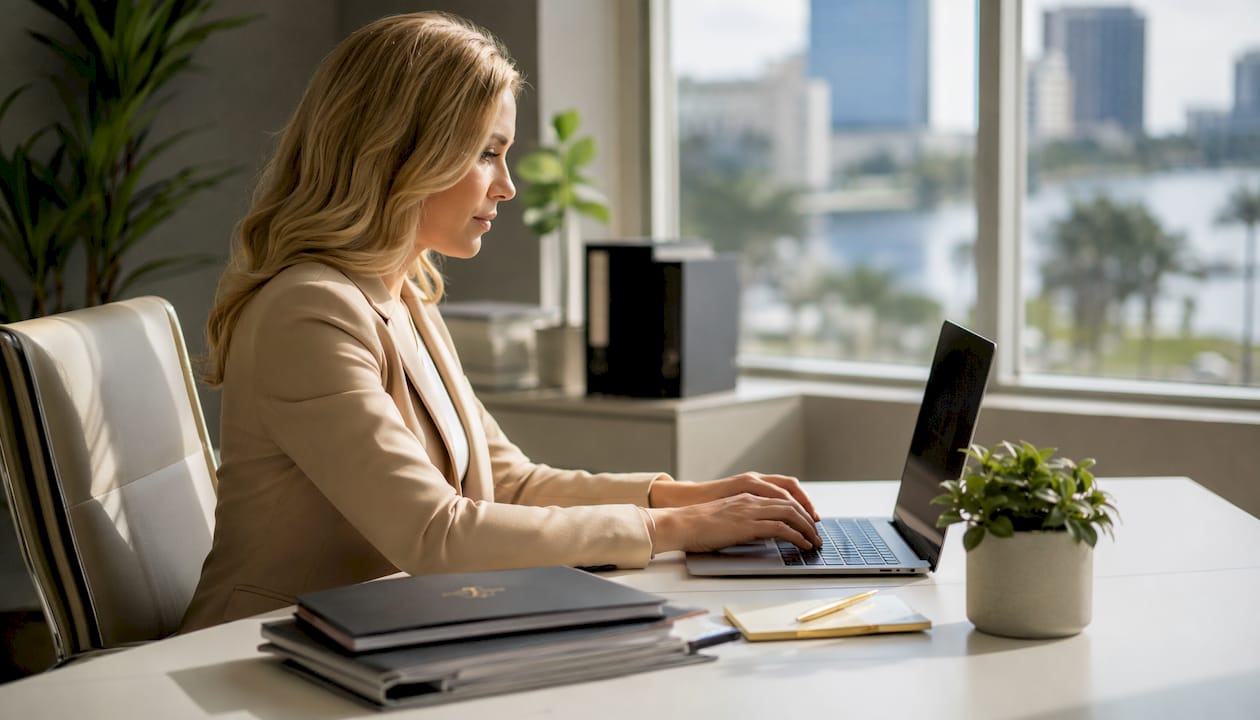 Hands of divorce attorney typing at desk