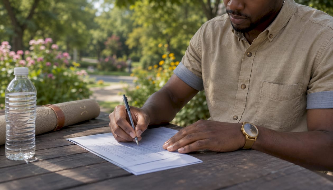 Unmarried father filling out paternity forms at library