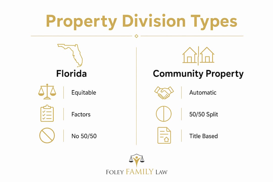 Infographic comparing Florida and community property division