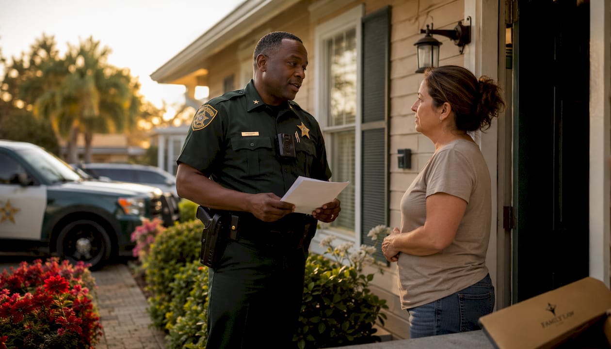 Florida sheriff discussing writ with homeowner outdoors