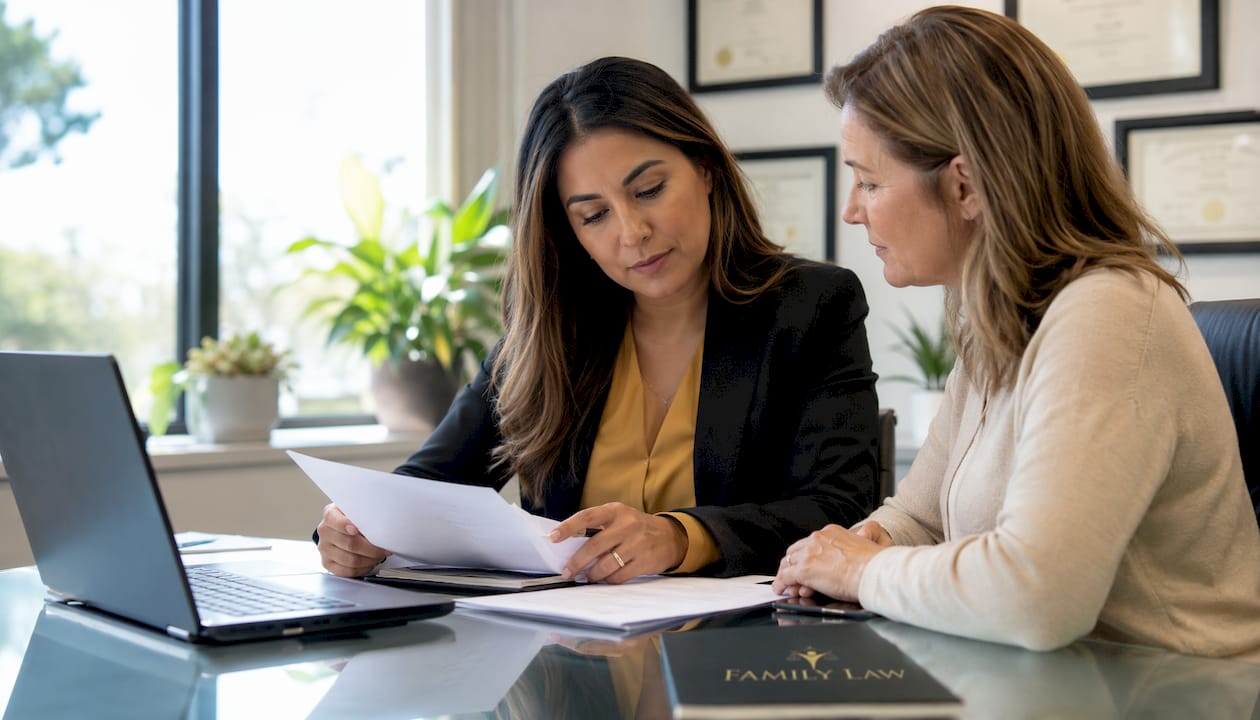 Attorney and client preparing for family court hearing