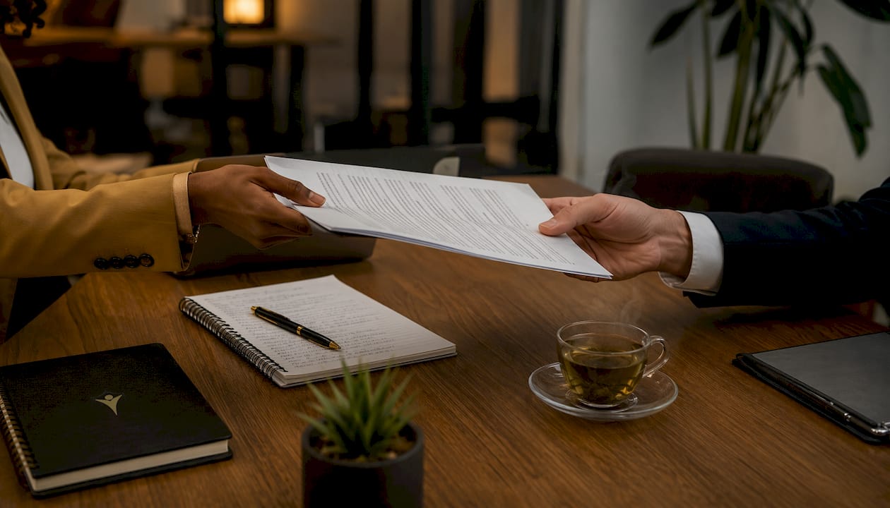 Hands exchanging financial documents for prenup
