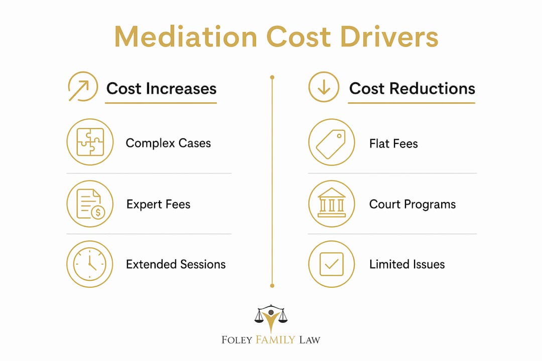 Infographic comparing factors increasing and reducing mediation costs