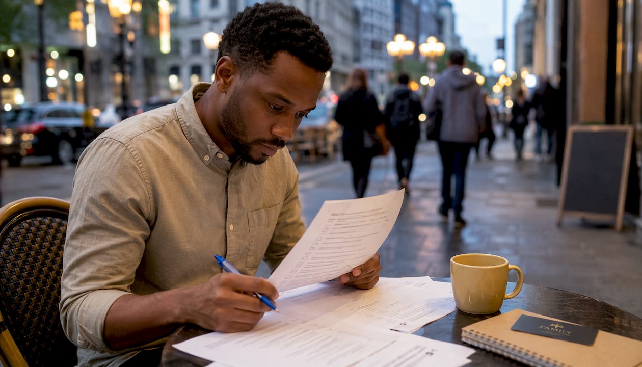 Man reviewing divorce filing paperwork at home