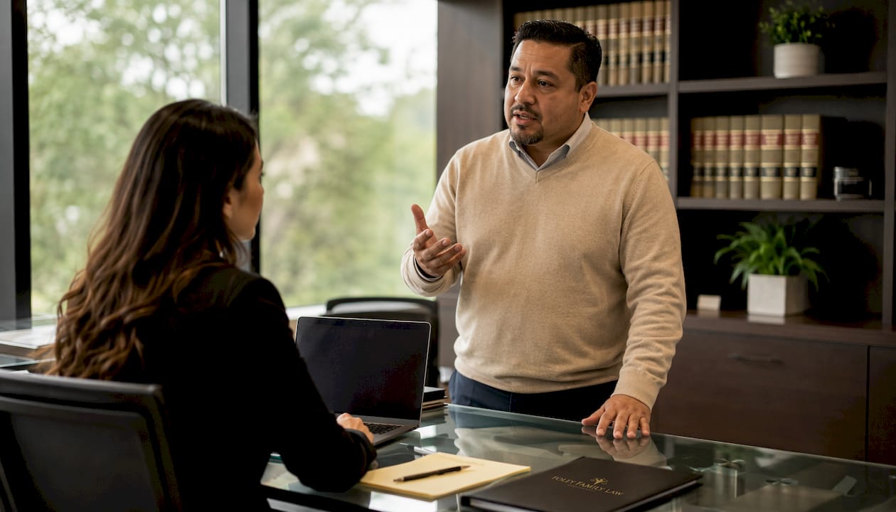 Father consulting family law attorney in office