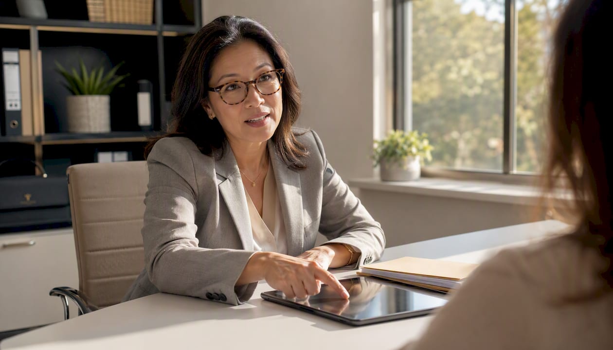 Female lawyer explaining prenup in office