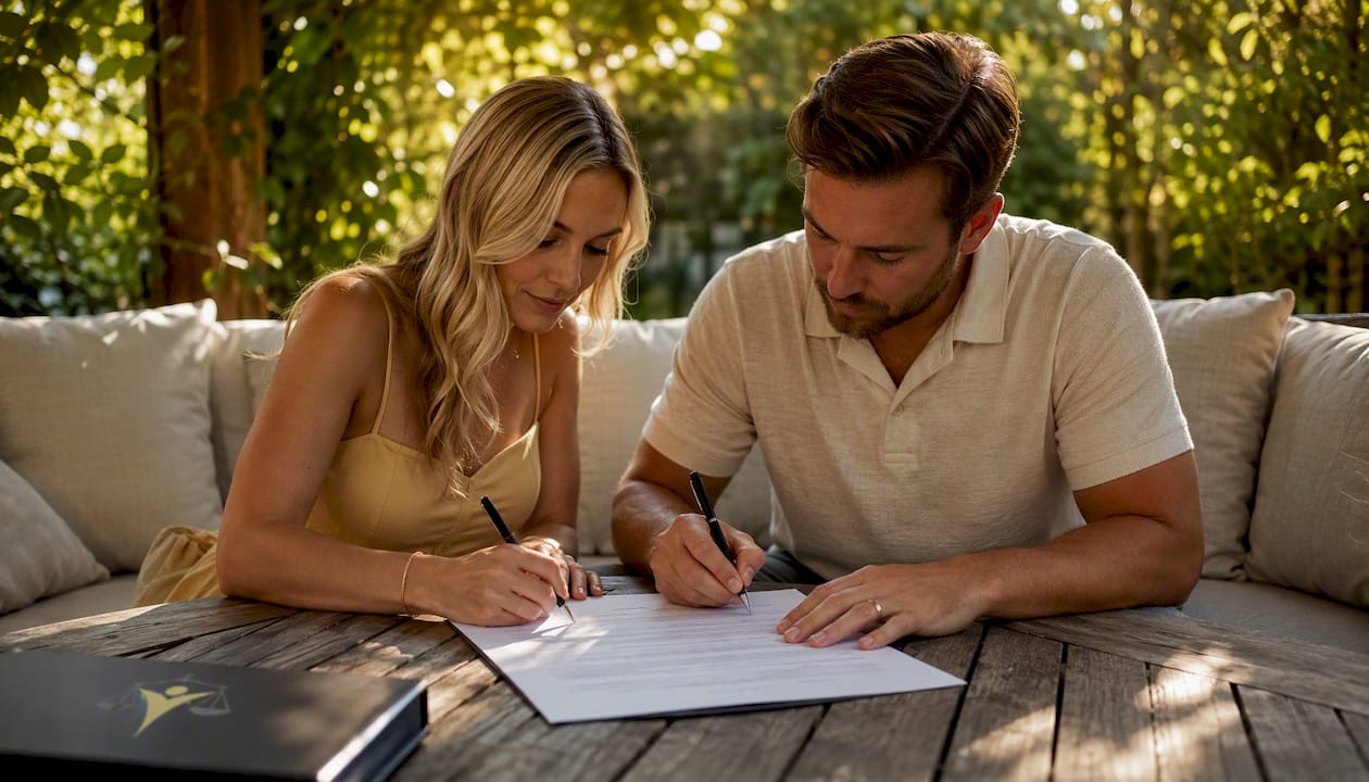 Hands signing postnuptial agreement document