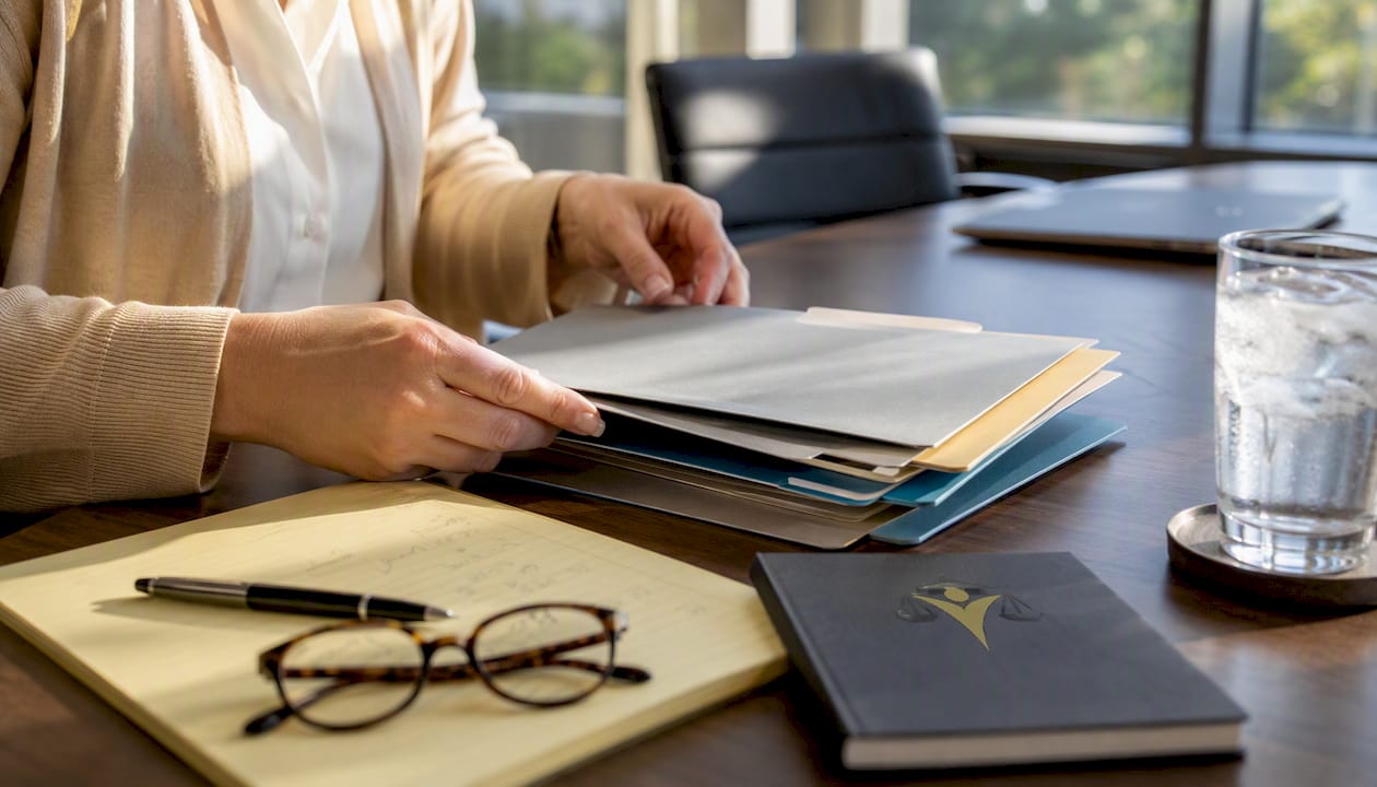 Hands organizing divorce procedure folders overhead