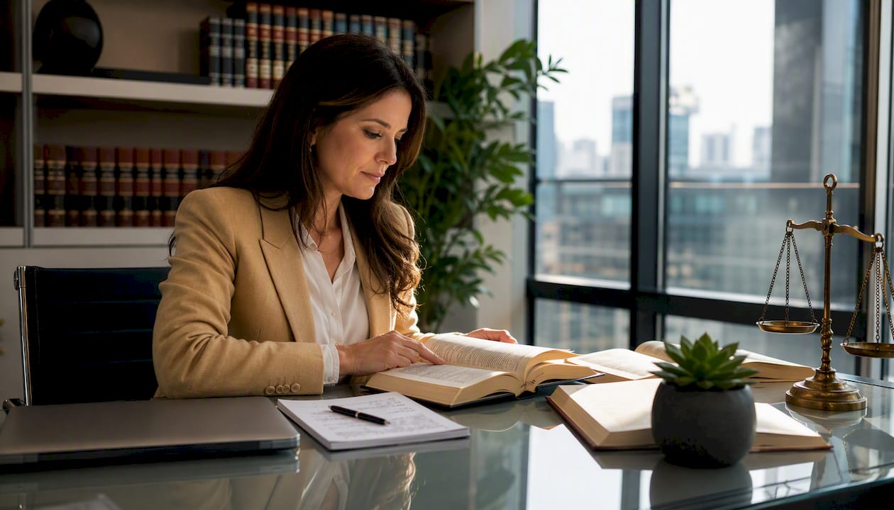 Attorney's desk with alimony case preparation materials