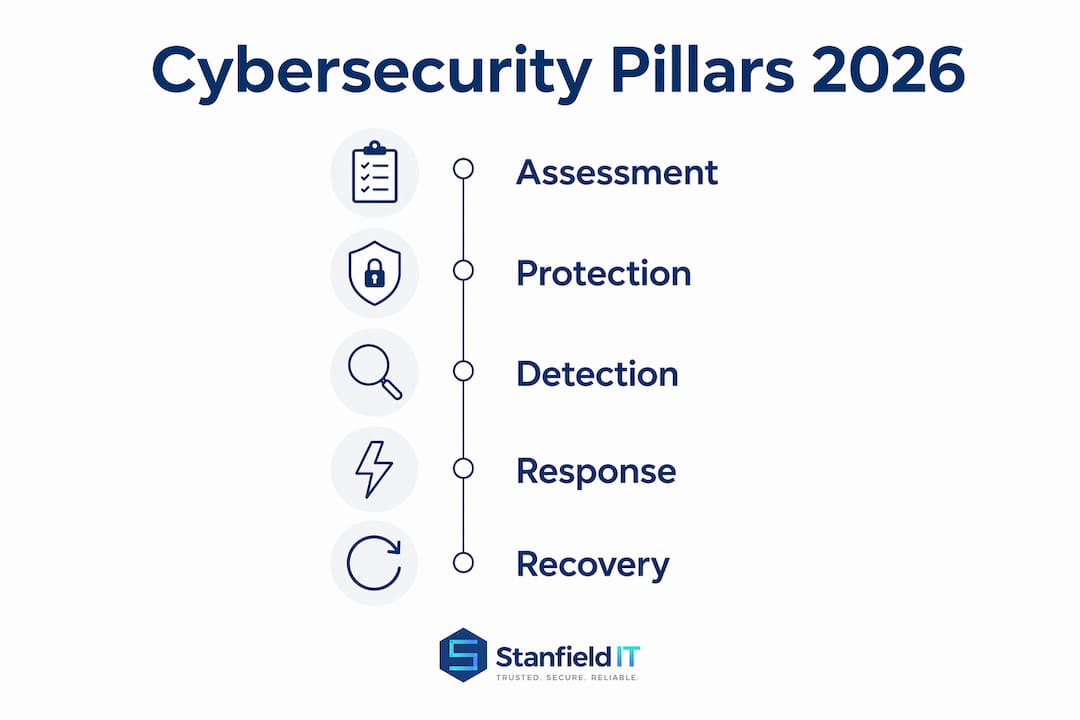 Infographic of core cybersecurity service pillars for 2026