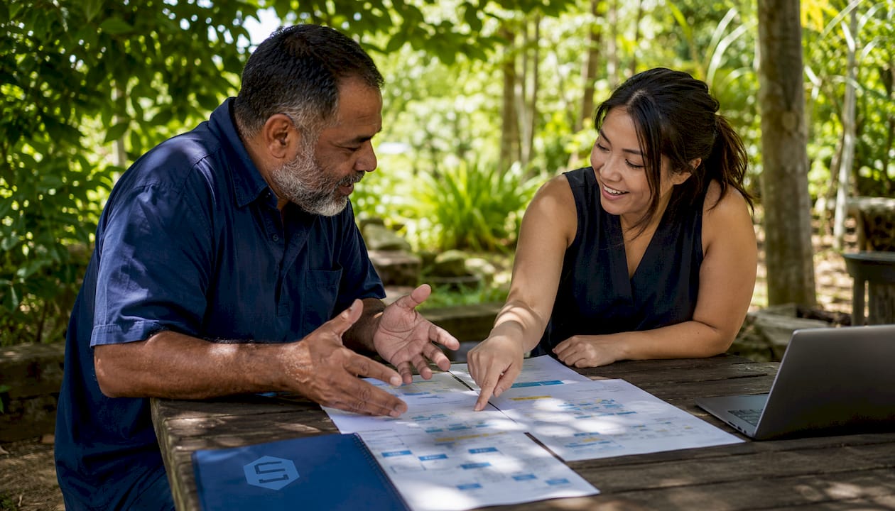 Hands discussing AI workflow diagrams on table