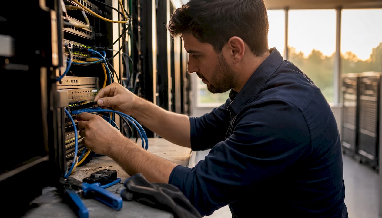 Technician connecting cables in server rack