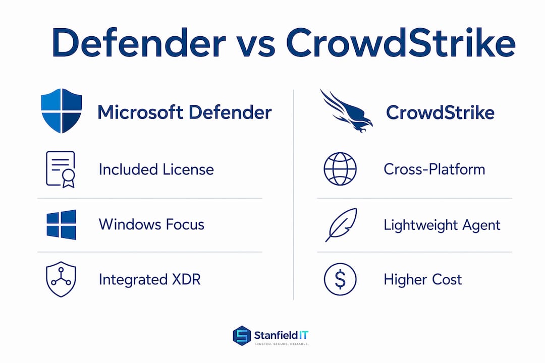 Infographic comparing Microsoft Defender and CrowdStrike features