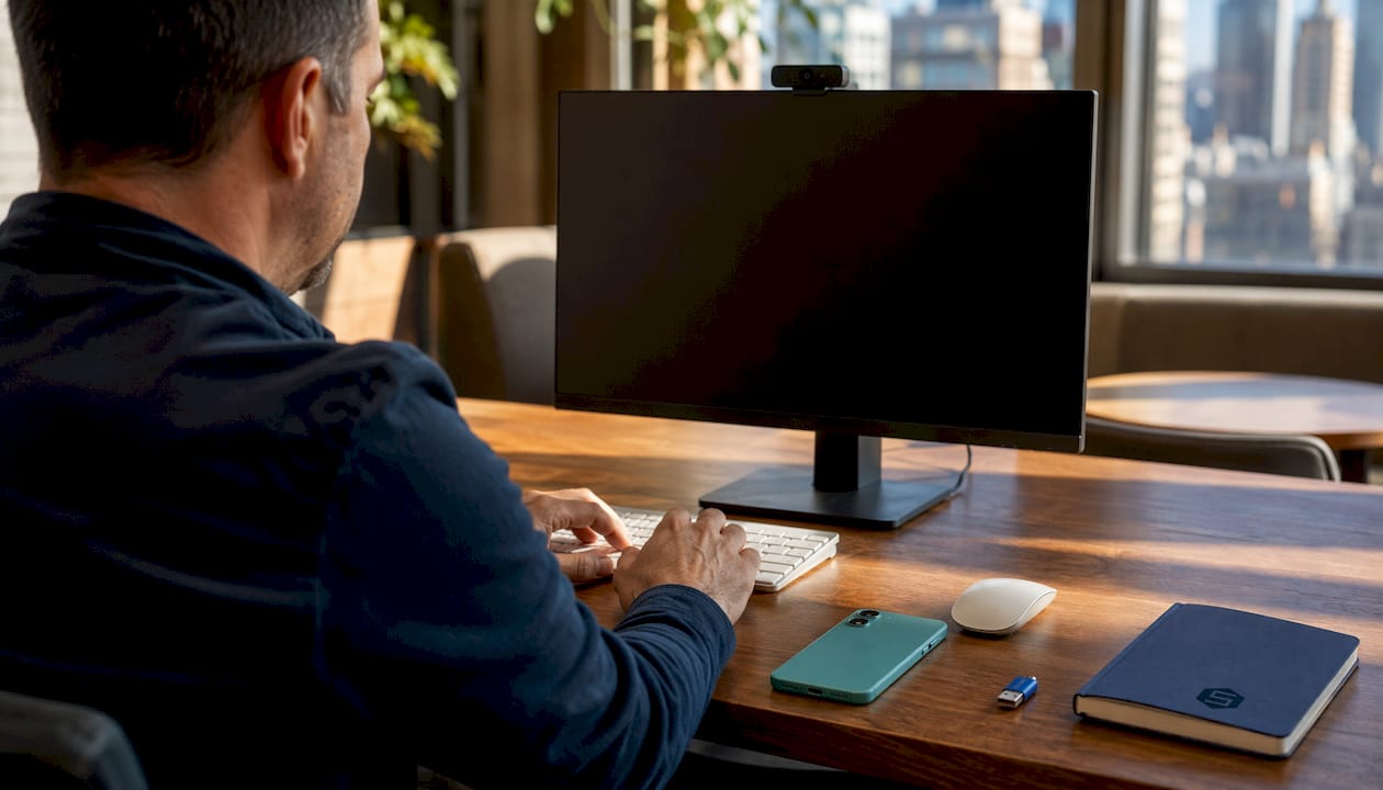 Hands adjusting security hardware at desk