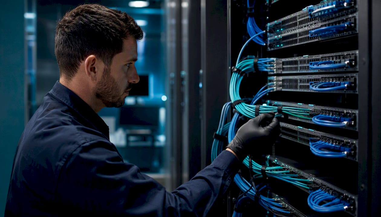 Gloved hand inspecting network patch cables