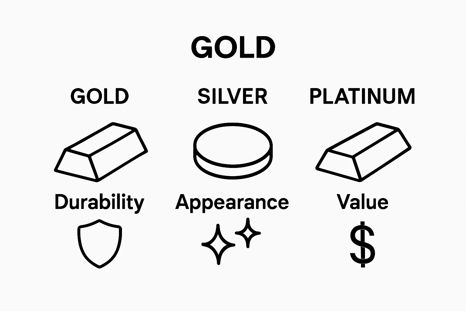 Gold, silver, and platinum jewelry metal comparison
