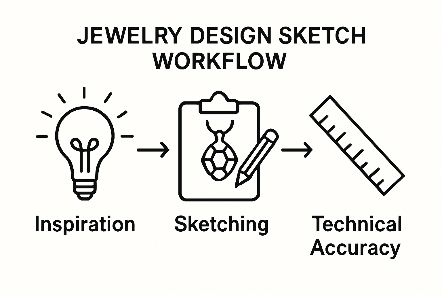 Three-step infographic showing jewelry design from inspiration to technical sketch.