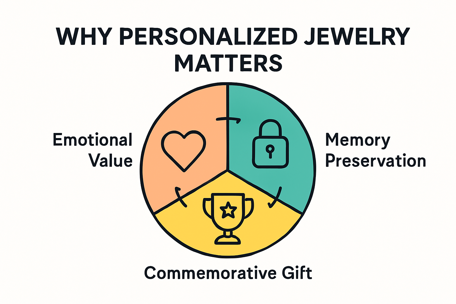 Infographic comparing emotional value, memory, and commemoration in personalized jewelry