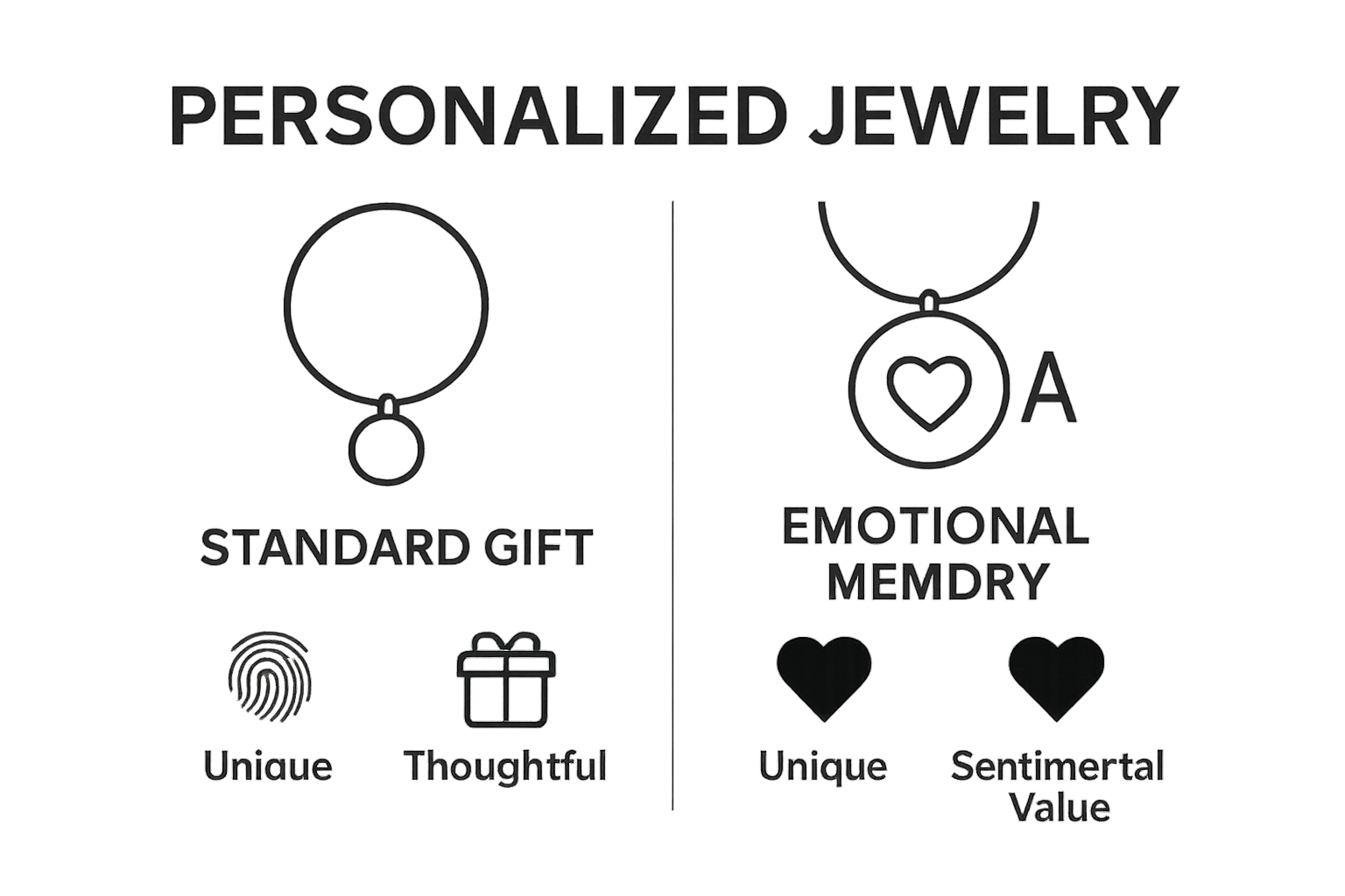 Infographic comparing standard and personalized jewelry with icons for uniqueness, thoughtfulness, and sentimental value