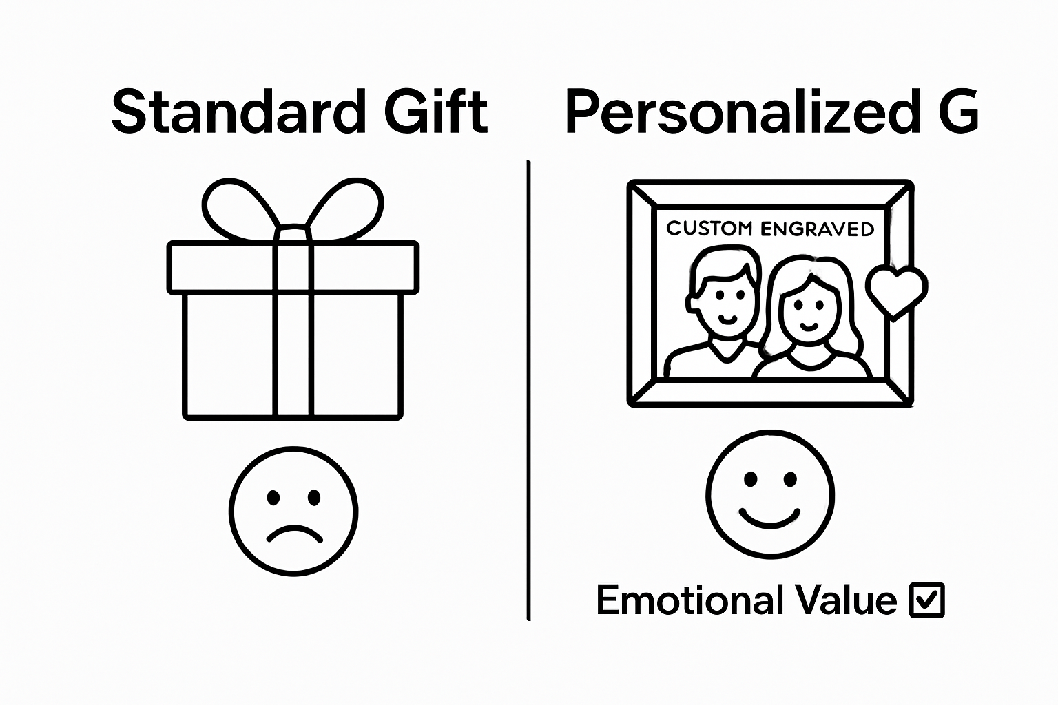 Simple comparison of standard vs personalized gifts with emotional value icons