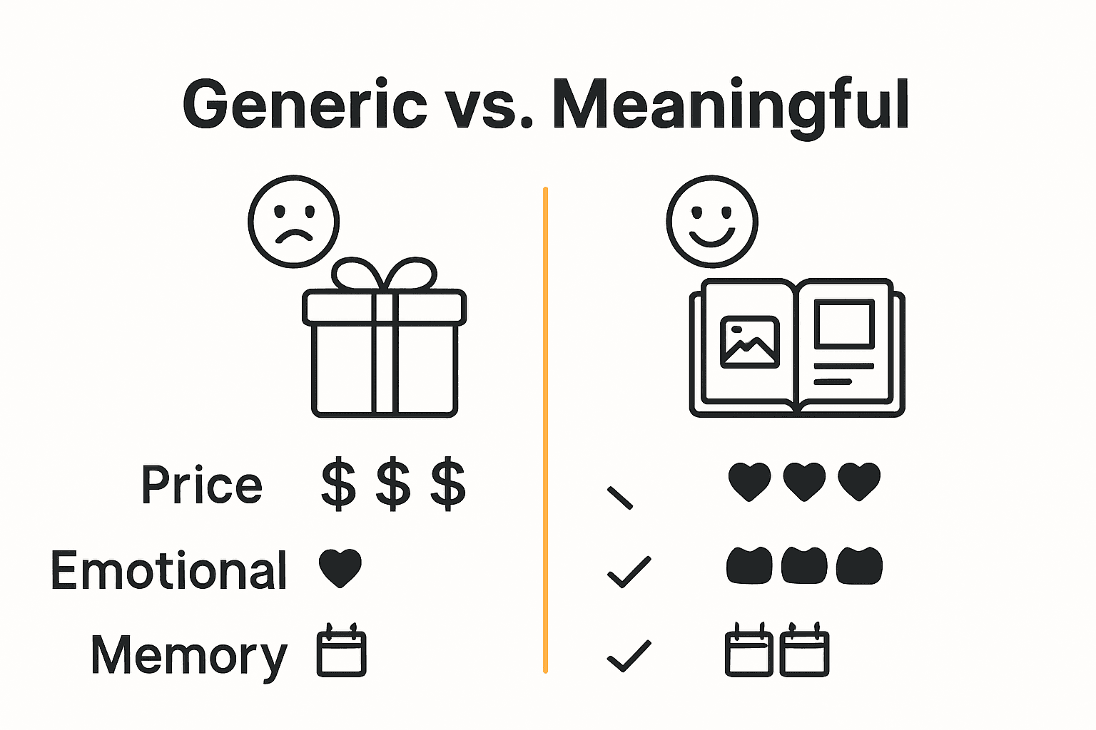 Infographic visually contrasting generic gifts and meaningful presents using icons and comparison columns.