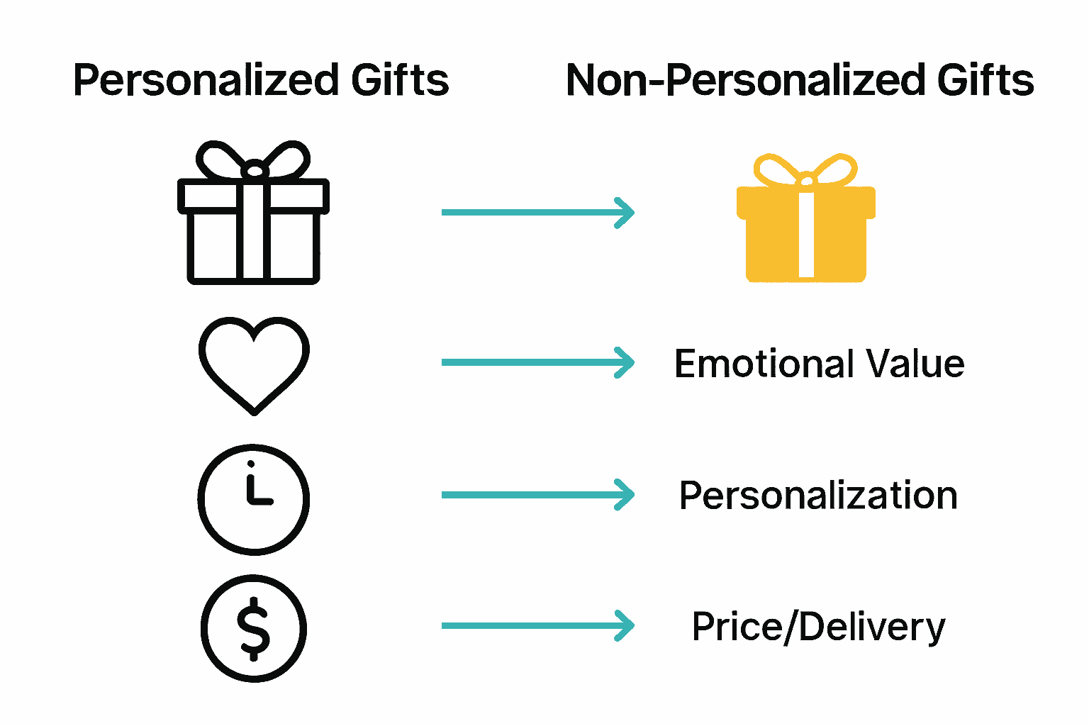 Infographic comparing personalized and non-personalized gifts: features, value, delivery times.