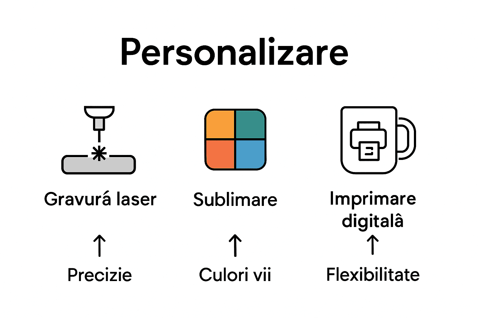 Infografic cu comparația metodelor de personalizare: gravură, sublimare, imprimare digitală.