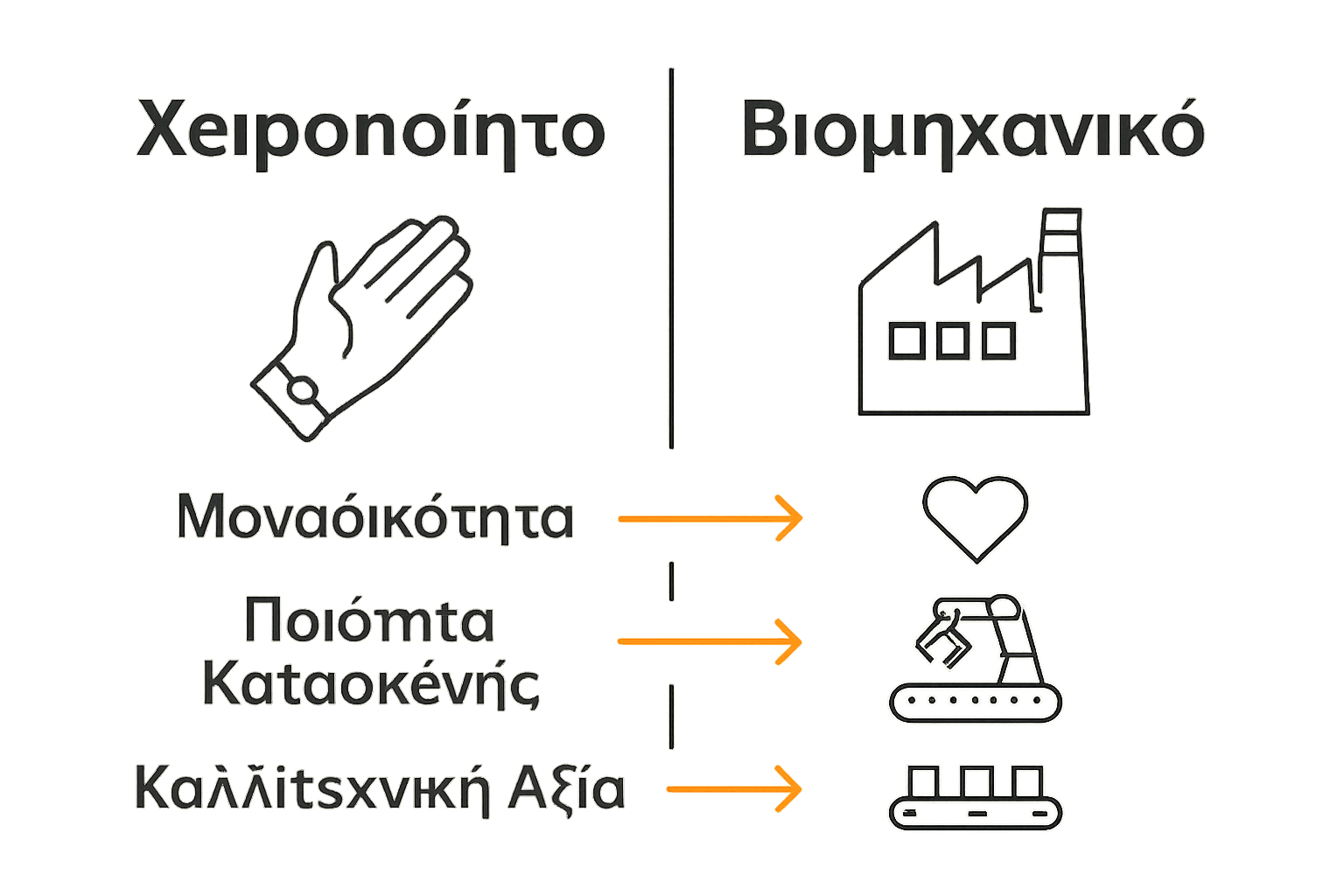 Σύγκριση χειροποίητων και βιομηχανικών κοσμημάτων με εικονίδια