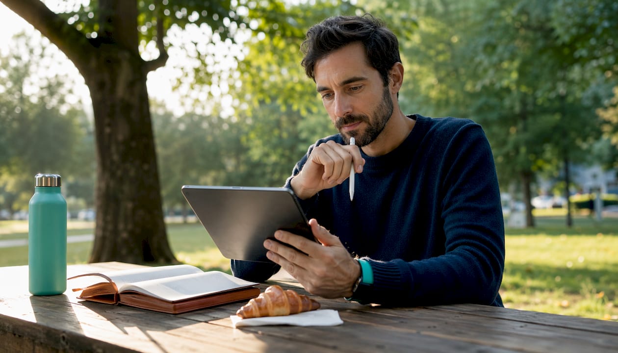 Freelancer reviewing questionnaire timing at café table