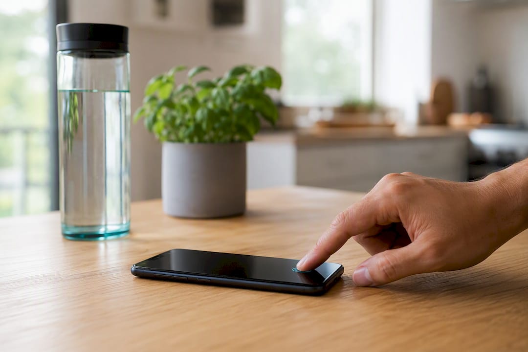 Hand using biometric lock on smartphone